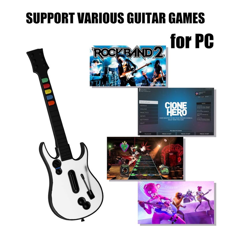 NBCP Wireless PC Guitar Controller – Compatible with Clone Hero, GH III, World Tour & Rock Band, Plug & Play 2.4G USB Connection – White - Image 2